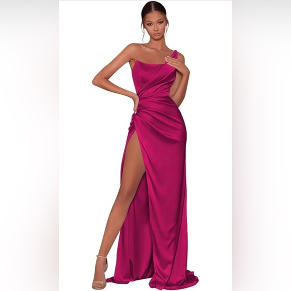 Dresses & Skirts - Satin One Shoulder Dress Long with Slit Ruched Mermaid Formal Evening Event Gown